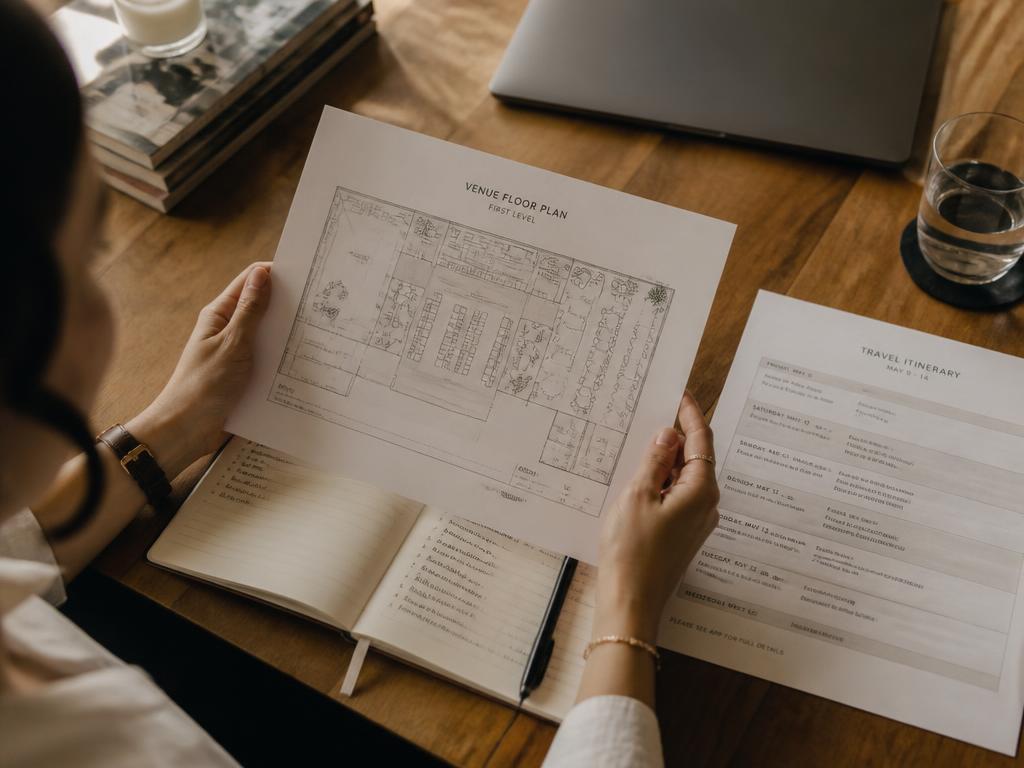 Hands reviewing a venue floor plan and travel itinerary